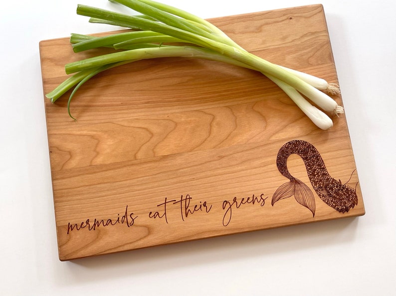 Mermaid Gifts, Engraved Cutting Board, Mermaids Eat Their Greens. Healthy Living Quote and Mermaid Tail. By Milk & Honey ® image 4
