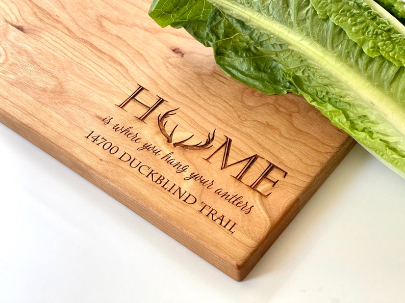 Home is Where you Hang Your Antlers. Personalized Cutting Board with Home Address for Rustic Kitchen Decor, Christmas Gift for Deer Hunters image 8