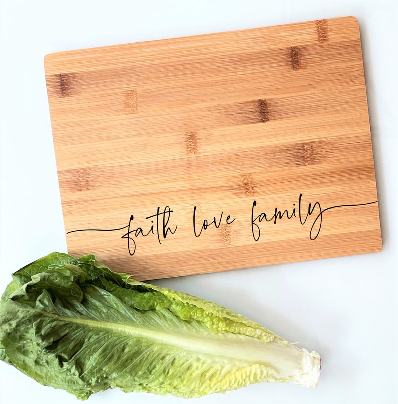Engraved Cutting Board, Charcuterie Board, Faith Love Family. Thanksgiving Table Decor, Christmas Gift for Family, Holiday Gathering decor. Bamboo