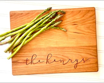 Personalized wood cutting board. Last Name Wooden Cutting Board. Custom Wedding Gift. Thick chopping block.