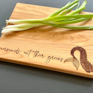 Mermaid Gifts, Engraved Cutting Board, Mermaids Eat Their Greens. Healthy Living Quote and Mermaid Tail. By Milk & Honey ® image 2