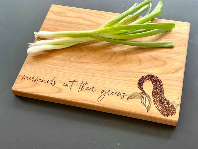 Mermaid Gifts, Engraved Cutting Board, Mermaids Eat Their Greens. Healthy Living Quote and Mermaid Tail. By Milk & Honey ® image 2