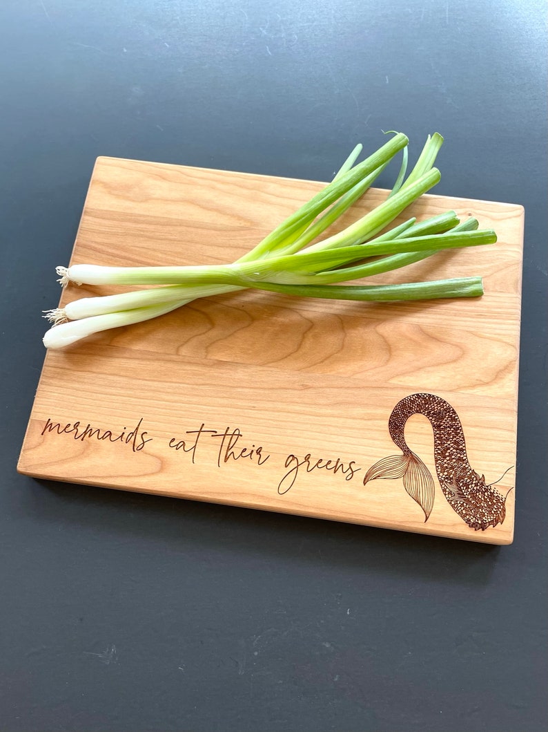 Mermaid Gifts, Engraved Cutting Board, Mermaids Eat Their Greens. Healthy Living Quote and Mermaid Tail. By Milk & Honey ® image 6