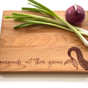 Mermaid Gifts, Engraved Cutting Board, Mermaids Eat Their Greens. Healthy Living Quote and Mermaid Tail. By Milk & Honey ® image 5