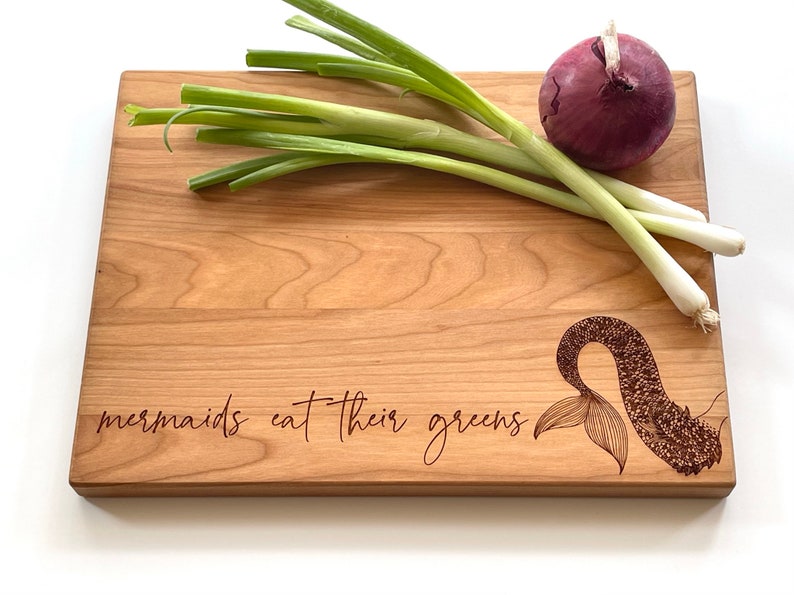 Mermaid Gifts, Engraved Cutting Board, Mermaids Eat Their Greens. Healthy Living Quote and Mermaid Tail. By Milk & Honey ® image 5