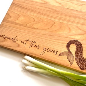 Mermaid Gifts, Engraved Cutting Board, Mermaids Eat Their Greens. Healthy Living Quote and Mermaid Tail. By Milk & Honey ® image 3