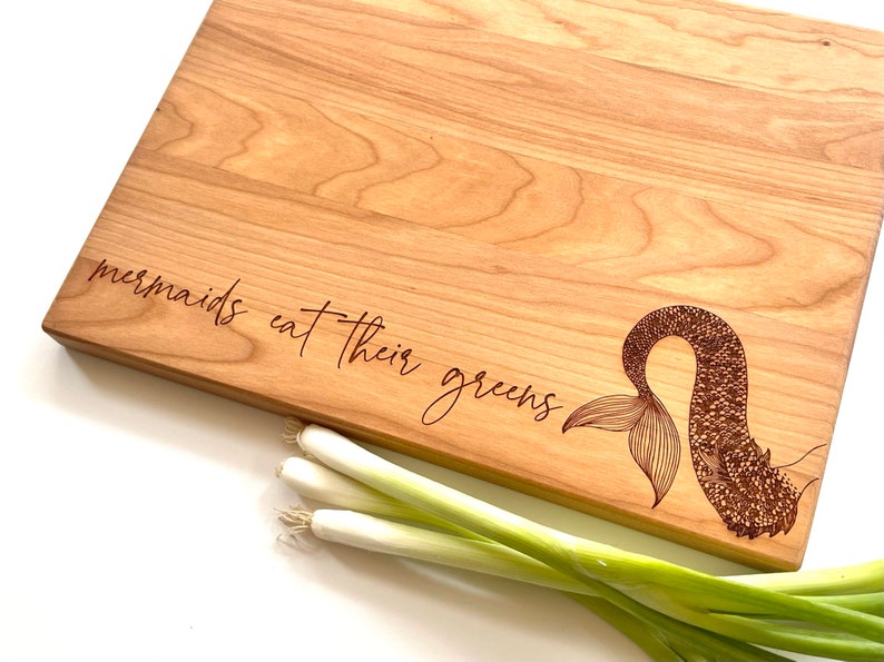 Mermaid Gifts, Engraved Cutting Board, Mermaids Eat Their Greens. Healthy Living Quote and Mermaid Tail. By Milk & Honey ® image 3