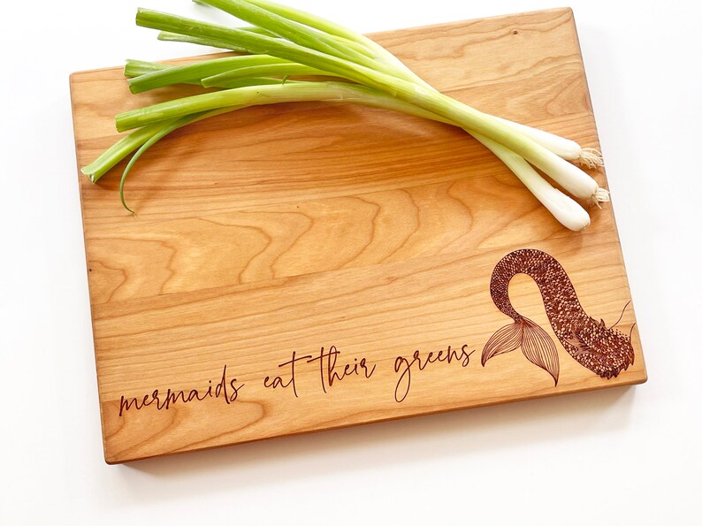 Mermaid Gifts, Engraved Cutting Board, Mermaids Eat Their Greens. Healthy Living Quote and Mermaid Tail. By Milk & Honey ® image 1