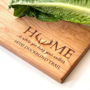 Home is Where you Hang Your Antlers. Personalized Cutting Board with Home Address for Rustic Kitchen Decor, Christmas Gift for Deer Hunters image 9