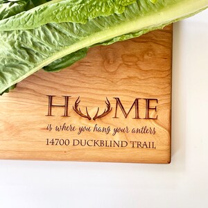 Home is Where you Hang Your Antlers. Personalized Cutting Board with Home Address for Rustic Kitchen Decor, Christmas Gift for Deer Hunters image 3