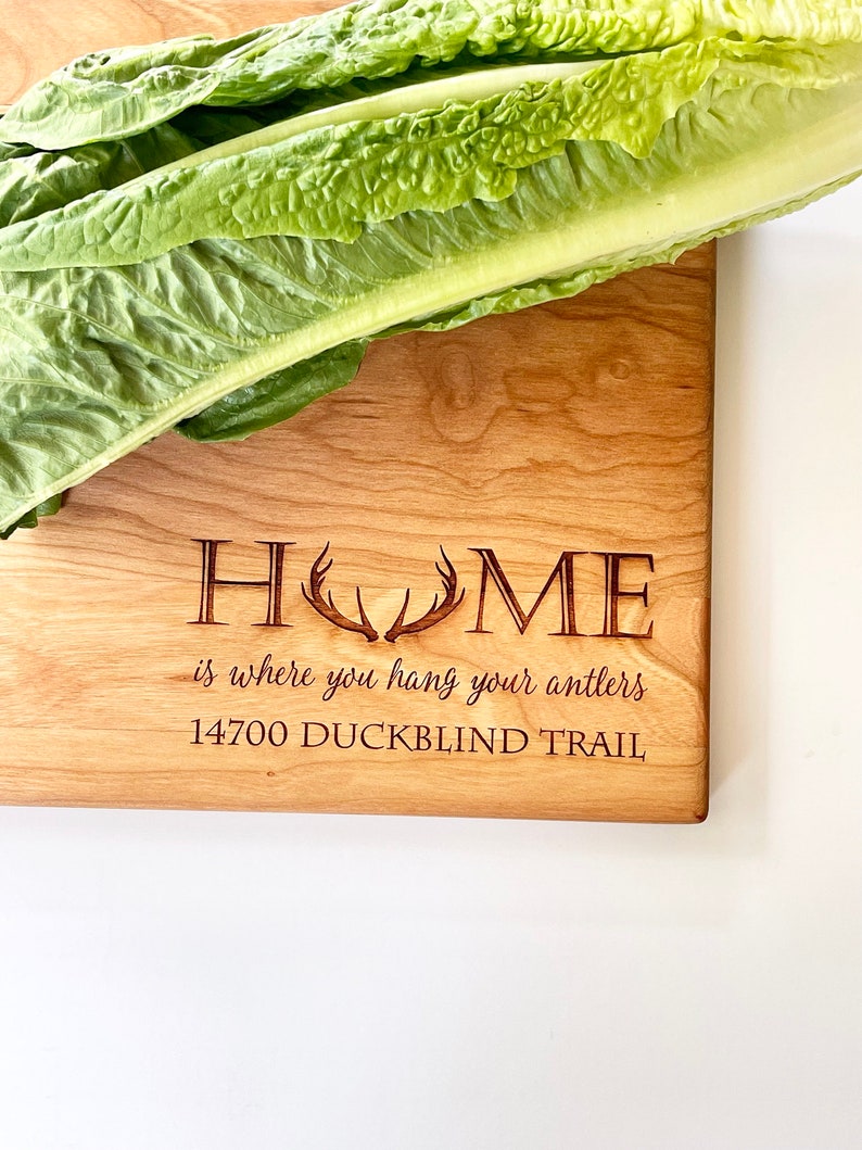 Home is Where you Hang Your Antlers. Personalized Cutting Board with Home Address for Rustic Kitchen Decor, Christmas Gift for Deer Hunters image 3