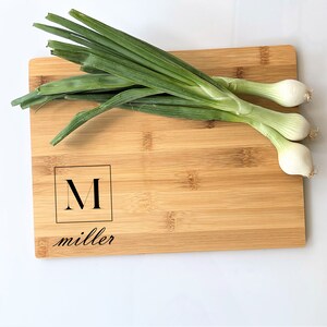 Personalized Last Name Cutting Board. Custom Engraved wooden board for custom kitchen decor, charcuterie boards, closing gifts. Bamboo