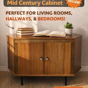 Puede incluir: Gabinete de esquina de estilo moderno de mediados de siglo en tonos marrones. El gabinete tiene dos puertas con pomos plateados, una parte superior plana y patas negras. Libros y una planta encima. El texto dice "CornerView Mid Century Cabinet".