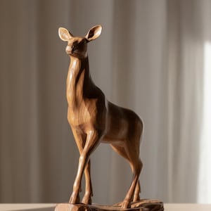 Handgesneden houten sculptuur van hert, rustiek beeld van de hinde, handgemaakte dierlijke houtkunst, decor boshut, op de natuur geïnspireerde woondecoratie