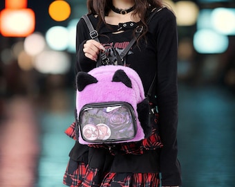 Roze kattenoorrugzak van imitatiebont, kawaii gothic ita-tas, pluche anime-displaytas, harajuku-crossbody-rugzak, schattige cosplay-tasje