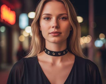 Zwarte klinknagelchoker, gotische minimalistische kraag, punk lederen choker, emo alt-ketting, unisex gothic-sieraden, donker modeaccessoire