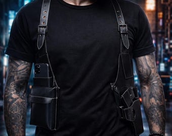 Borsttuigtas, handige holster, gotische schoudertas, cyberpunk bodybag, festivalborstrig, punk crossbody harnas