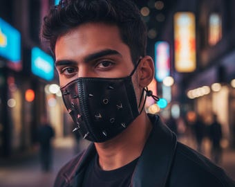 Black Punk Studded Mask, Gothic Face Cover, Spike Mouth Mask, Cyber Punk Costume Mask, Halloween Cosplay Face Accessory