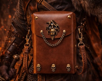 Crossbodytas met schedel, gotische bruine schoudertas, punktelefoonzakje, middeleeuwse fantasietas, LARP-kostuumportemonnee, tas in donkere stijl