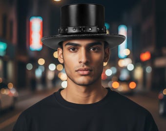 Hoge hoed zwarte brede rand, gotische platte kroon hoed, punk steampunk hoed, Victoriaanse kostuum hoed, Halloween cosplay hoed, donkere mode hoed
