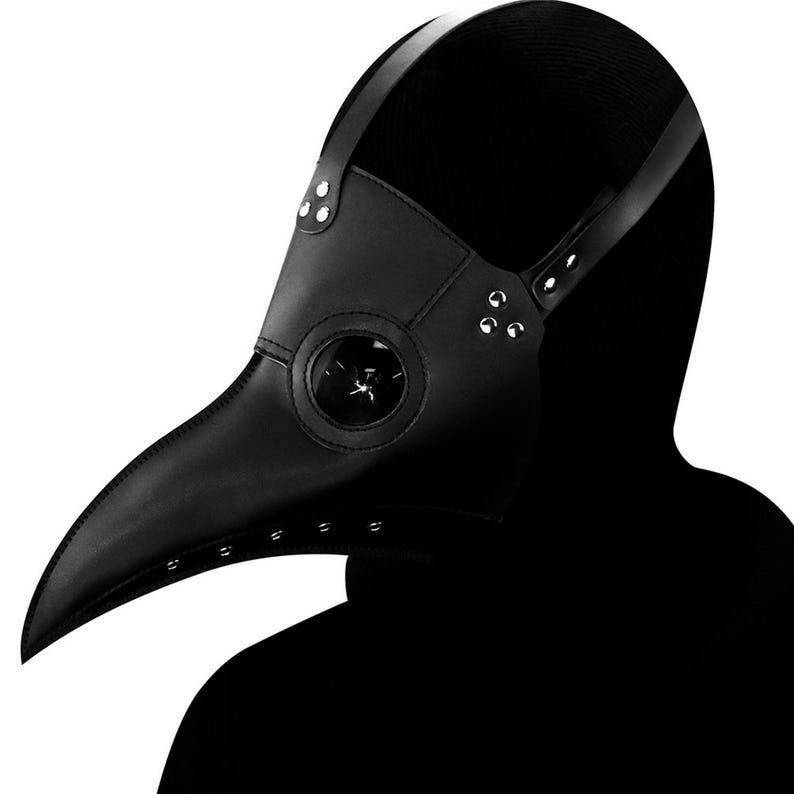 以下が含まれることがあります： 黒い革製のペスト医師マスク。長く湾曲したくちばしとリベットのディテールが特徴です。マスクには円形のアイピースと調節可能なストラップが付いています。コスチュームやコスプレに最適です。