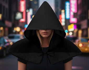 Zwarte cape met capuchon, gotische kapcape, donkere mantelsjaal, cape heksenkostuum, middeleeuwse cosplaykap, Halloween-schoudercape