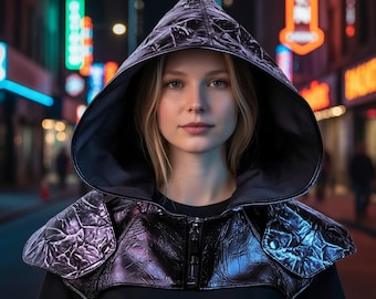 Capa gótica con capucha de piel sintética, cuello con capucha negro, capa punk para los hombros, capucha de fantasía oscura, capa para cosplay de Halloween, chal para disfraz de bruja