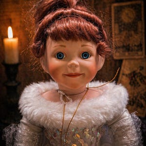 May include: A porcelain doll with red hair styled in a bun and blue eyes. The doll wears a white dress with a faux fur collar and a gold necklace. A lit candle and tarot cards are in the background.