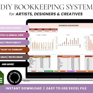 May include: A laptop screen displays a DIY bookkeeping system for artists, designers, and creatives. The screen shows charts and tables for income, expenses, and profit. The image includes text that says "Instant Download | Easy to use Excel file."