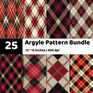 Puede incluir: Una colección digital de 25 patrones de rombos con diversos diseños en tonos rojo, negro, beige y blanco. El texto 25 Argyle Pattern Bundle 12 * 12 inches | 300 dpi aparece sobre un fondo de color negro y blanco.