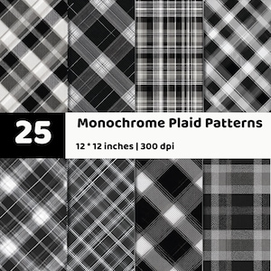 Monochroom geruite patronen | Zwart-witte Schotse ruitachtergronden | Naadloze ruitmotieven | Digitaal papierpakket