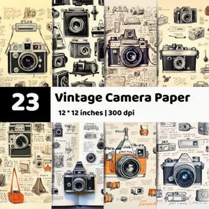 Puede incluir: Una colección de diseños de papel digital con varias cámaras antiguas y notas manuscritas sobre un fondo color crema. El texto 23 Vintage Camera Paper 12 * 12 inches | 300 dpi se muestra en una superposición gráfica en blanco y negro.