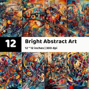May include: A collection of 12 bright abstract art prints, each measuring 12 by 12 inches at 300 dpi. The artwork features a vibrant composition of swirling lines, geometric shapes, and a multi-colored palette including red, blue, and yellow.