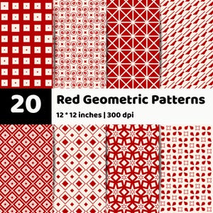 May include: A digital collection of 20 red geometric patterns featuring various shapes like squares, diamonds, and floral motifs on a white background. The text 20 Red Geometric Patterns 12 * 12 inches | 300 dpi is clearly visible in the center.