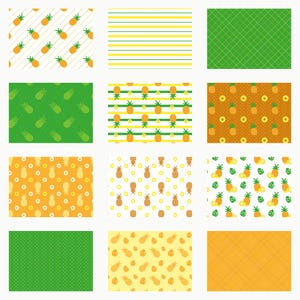 Op de afbeelding: Een verzameling van twaalf rechthoekige digitale patronen met diverse ananas-motieven, geometrische vormen, strepen en stippen in geel-, oranje- en groentinten, gerangschikt in een raster op een witte achtergrond.