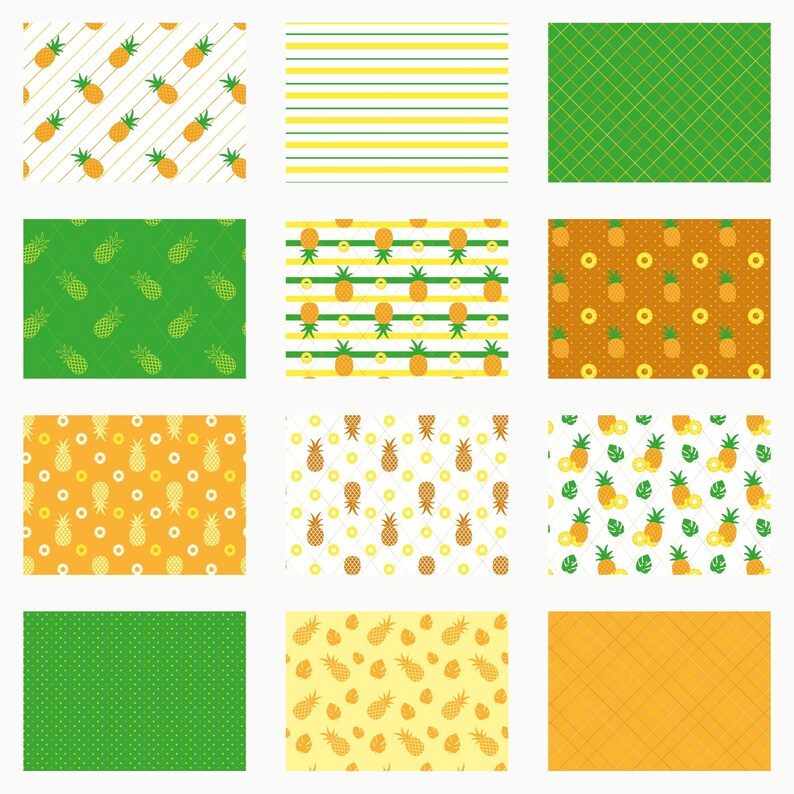 Op de afbeelding: Een verzameling van twaalf rechthoekige digitale patronen met diverse ananas-motieven, geometrische vormen, strepen en stippen in geel-, oranje- en groentinten, gerangschikt in een raster op een witte achtergrond.