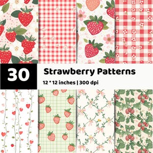 Digitale papierbundel aardbei | Roze pastel bloemen fruitpatronen | Cottagecore-achtergrondpakket