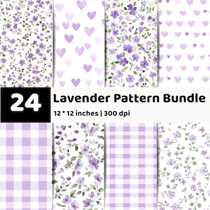 Bundel naadloze bloemenpatronen lavendel | Paars digitaal papierpakket | Cottagecore-bloemachtergronden