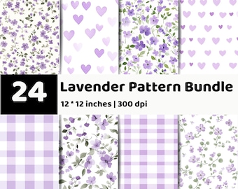Puede incluir: Una colección digital titulada 24 Lavender Pattern Bundle, 12 * 12 inches | 300 dpi, que presenta ocho diseños distintos que incluyen arreglos florales morados en acuarela, motivos de corazones lilas y patrones de cuadros vichy lavanda.