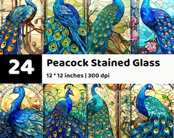 Peacock Stained Glass Collection | Colorful Bird Artwork Set | Mosaic Printable Designs | Vintage Decor