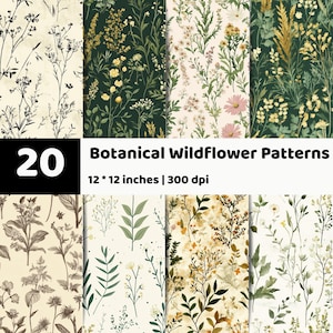 May include: A collection of 20 botanical wildflower patterns featuring various floral and foliage designs in shades of green, yellow, and cream. The text 20 Botanical Wildflower Patterns 12 * 12 inches | 300 dpi is displayed across the center of the image.
