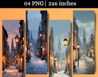 Winter Town Bookmark PNG | Snowy Village Reading Marker | Cozy Street Printable | Instant Digital Download