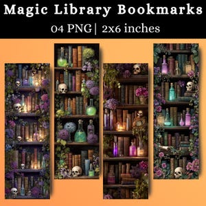 Könnte beinhalten: Vier digitale Lesezeichen mit der Aufschrift Magic Library Bookmarks, 04 PNG, 2x6 inches. Jedes Lesezeichen zeigt ein dunkles Holzregal mit alten Büchern, leuchtenden Zaubertrankflaschen, Totenköpfen sowie violetten und grünen Blumen.