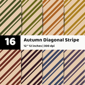 Puede incluir: Una colección de 16 patrones de papel digital con rayas diagonales en varios colores, incluyendo verde oliva, naranja, amarillo mostaza, marrón, morado oscuro y azul sobre un fondo beige. El texto dice 16 Autumn Diagonal Stripe 12 * 12 inches | 300 dpi.