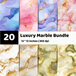 Könnte beinhalten: Eine digitale Sammlung von 20 Hintergründen mit Marmorstruktur, die wirbelnde Muster in Blau, Pink, Lila, Weiß, Gold und Grün zeigen. Der Text 20 Luxury Marble Bundle 12 * 12 inches | 300 dpi ist in der Mitte des Bildes zu sehen.