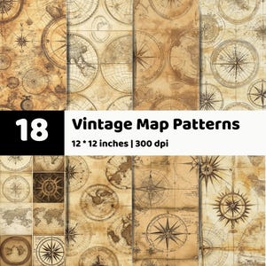 Vintage Map Pattern Bundle | Antique Compass Designs | Explorer Backgrounds | Old World JPG Collection