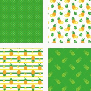 Op de afbeelding: Een digitale patroonset met vier verschillende ontwerpen: een groene achtergrond met gele stippen, een witte achtergrond met ananas- en bladmotieven, een geel-groen gestreepte achtergrond met ananassen en een groen ruitjespatroon.