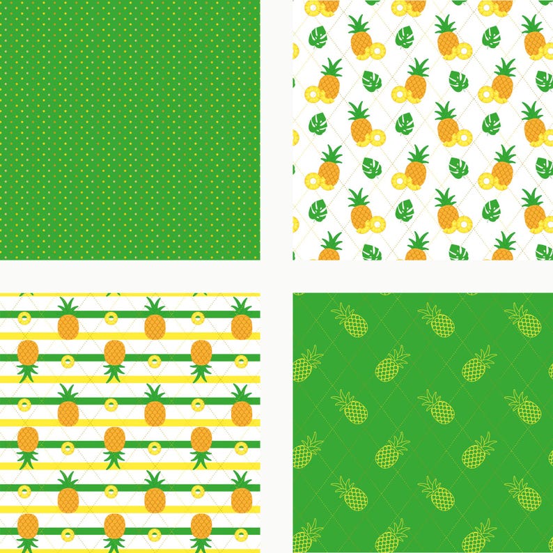Op de afbeelding: Een digitale patroonset met vier verschillende ontwerpen: een groene achtergrond met gele stippen, een witte achtergrond met ananas- en bladmotieven, een geel-groen gestreepte achtergrond met ananassen en een groen ruitjespatroon.