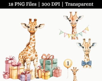 Giraffe Birthday PNG Bundle | Safari Party Clipart | Animal Celebration Graphics | Instant Download