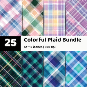 Könnte beinhalten: Eine digitale Sammlung mit dem Titel 25 Colorful Plaid Bundle, die acht verschiedene Schottenmuster in verschiedenen Farbpaletten wie Rosa, Blau, Grün und Lila zeigt. Der Text 25 Colorful Plaid Bundle 12 * 12 inches | 300 dpi ist deutlich zu sehen.